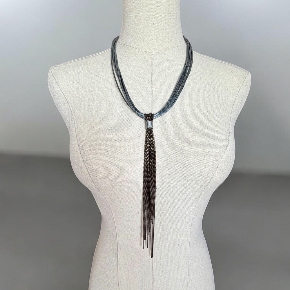 Premier Designs Multi Strand Cord Tassel Necklace Rose Gold Crown Charm Silver